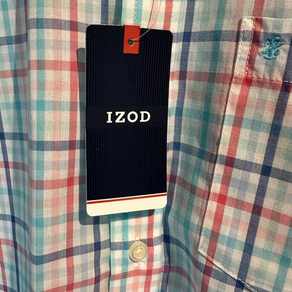 IZOD NWT Size Medium plaid short sleeve button down preppy casual date - Picture 3 of 8